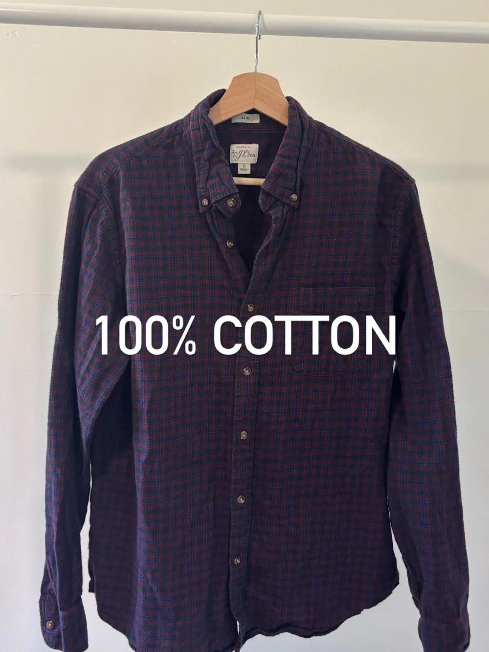 J. Crew Men’s Navy & Burgundy Plaid Cotton Button-Down Shirt | 100% cotton | L